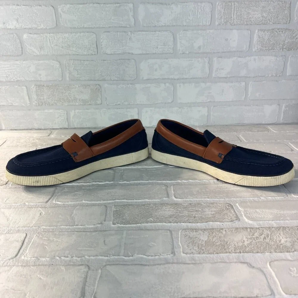 Cole Haan‎ Mens 9.5 M Nantucket 2.0 Navy Blue Brown Canvas Slip On Penny Loafer